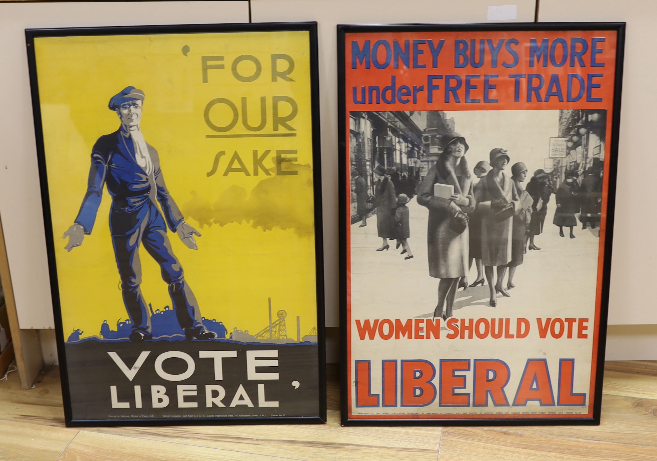 Two Liberal Party propaganda posters, 'Money buys more under free trade' and 'Women should vote Liberal and For our sake vote Liberal', one printed by Johnson Wykes & Paine, both publ. by the Liberal Publication Departme